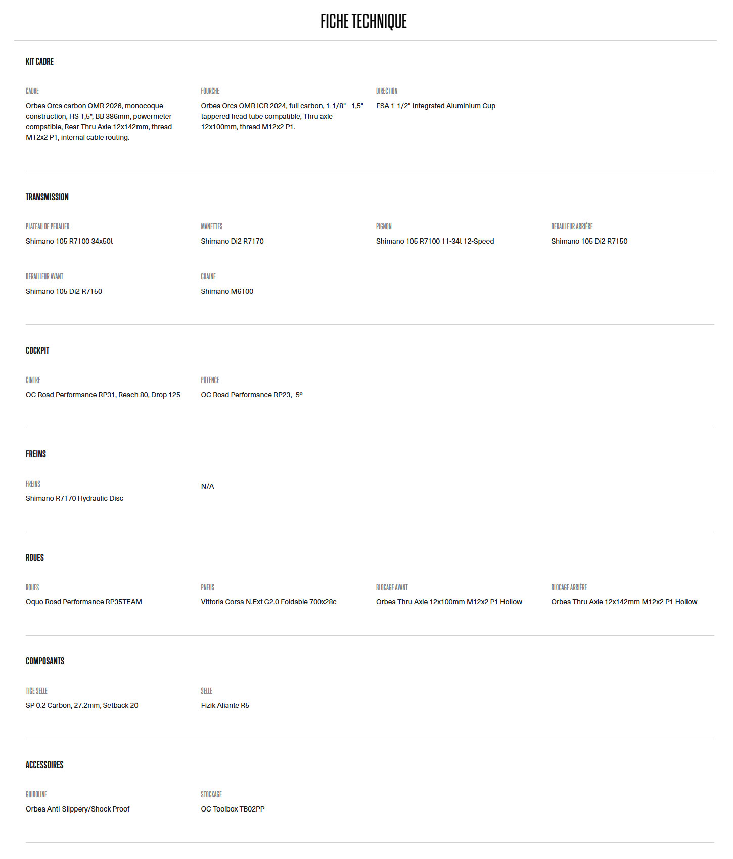 Caractéristique technique du vélo Orca M35I année 2026